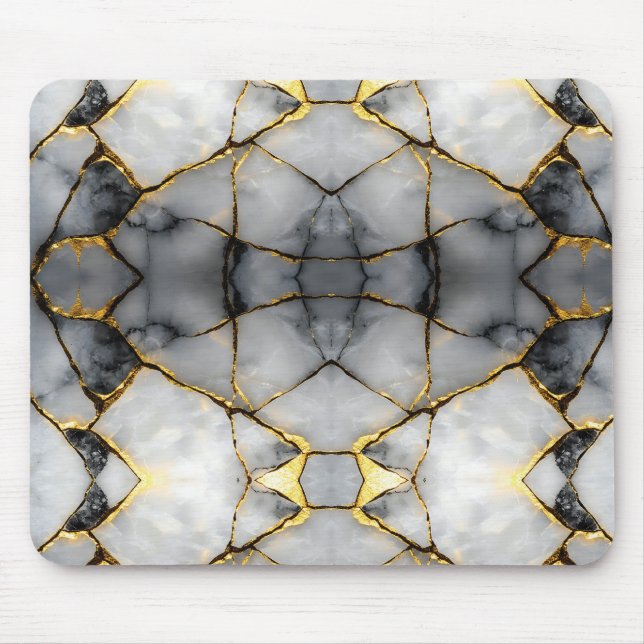 Mousepad Mármore Branco e Preto Dourado Rachado Moderno (Frente)