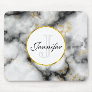 Mousepad Mármore Branco Moderno com Monograma Dourado de Fi