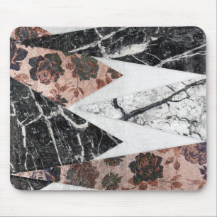 Mousepad Mármore branco preto chique moderno e Geo Dourado
