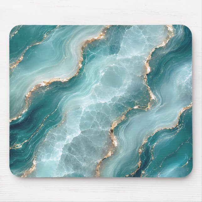 Mousepad Mármore de Ágata Teal Elegante com Veias Douradas (Frente)