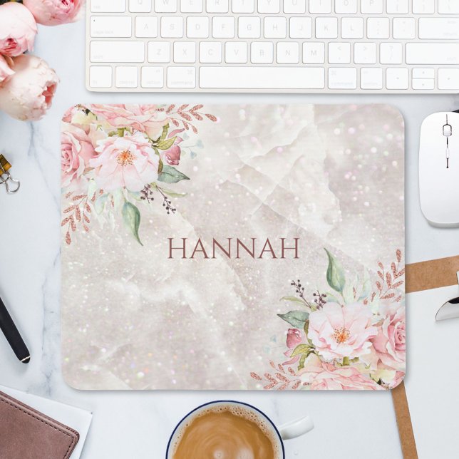 Mousepad Mármore Floral de Peônia Rosa Elegante (In situ)