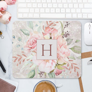Mousepad Mármore Floral de Peônia Rosa Elegante Monograma