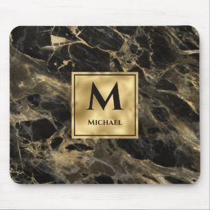 Mousepad Mármore Preto e Dourado Monograma Luxo Elegante