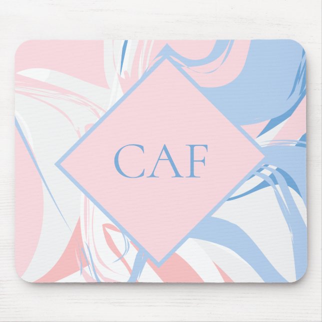 Mousepad Mármore Remoinho Azul Branco Rosa Monograma  (Frente)