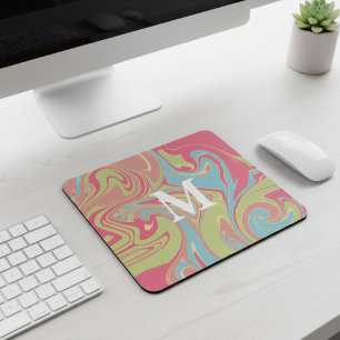 Mousepad Mármore Rosa e Verde com Monograma