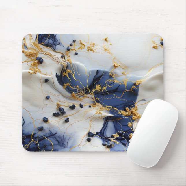 Mousepad Mármore Safira da Meia-Noite com Fios de Ouro (Com mouse)