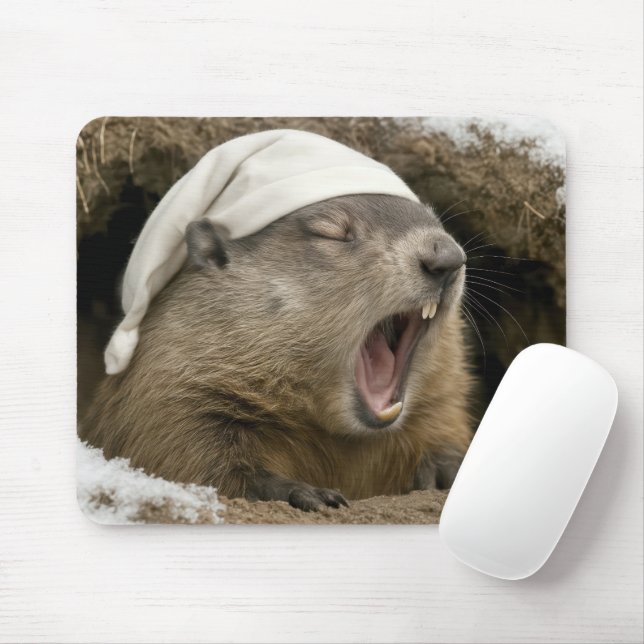 Mousepad Marmota bocejando usando um gorro de dormir (Com mouse)