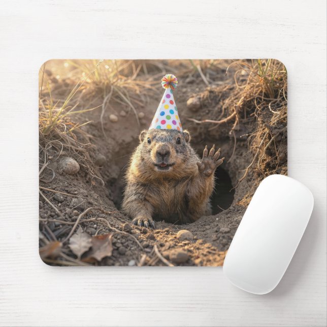 Mousepad Marmota com um chapéu de festa de aniversário (Com mouse)