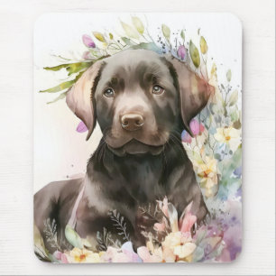 Mousepad Marrom-aquarela Labrador Retriever e Flores
