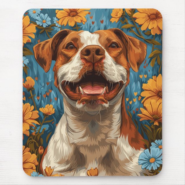 Mousepad Marrom e Cachorro Branco e Flores (Frente)