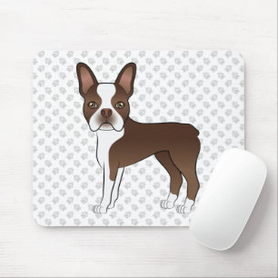 Mousepad Marrom e White Boston Terrier Cartoon Dog & Paws