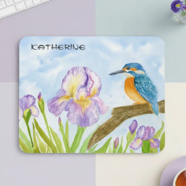 Mousepad Martim-pescador em aquarela com Íris Roxas