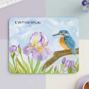 Mousepad Martim-pescador em aquarela com Íris Roxas