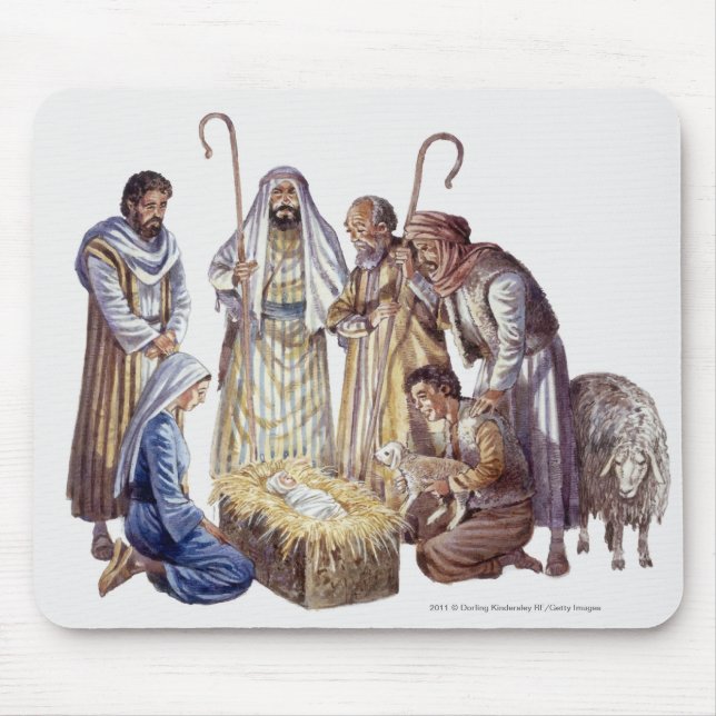 Mousepad Mary, Joseph, e pastores que cercam o bebê Jesus (Frente)