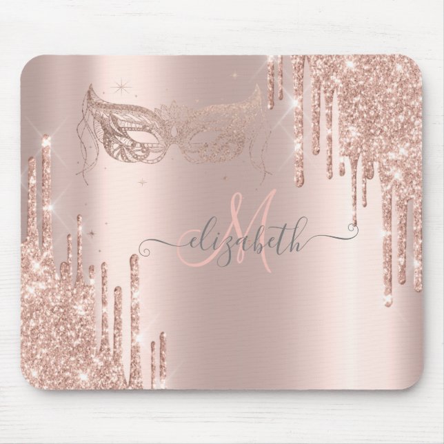 Mousepad Máscara Dourada Rosa com Efeito de Gotas Brilhante (Frente)