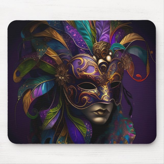 MOUSEPAD MÁSCARA E PENAS DOURADAS MARDI MARDI PURPEN VERDE (Frente)