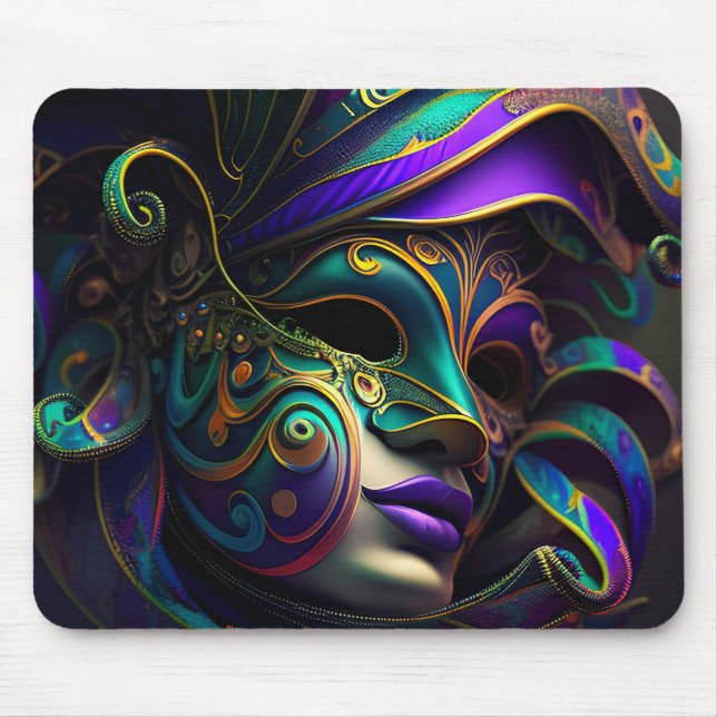 MOUSEPAD MÁSCARA E PENAS DOURADAS MARDI MARDI PURPEN VERDE (Frente)