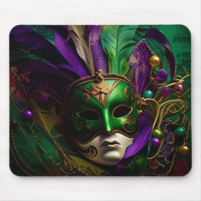 MOUSEPAD MÁSCARA E PENAS DOURADAS MARDI MARDI PURPEN VERDE (Frente)