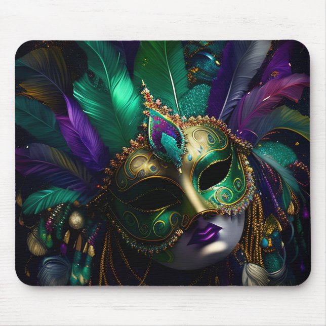 MOUSEPAD MÁSCARA E PENAS DOURADAS MARDI MARDI PURPEN VERDE (Frente)