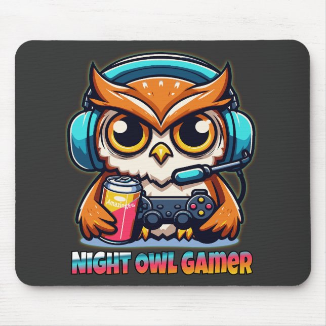 Mousepad Masco de Jogador Coruja Noturna Ilustração Diverti (Frente)