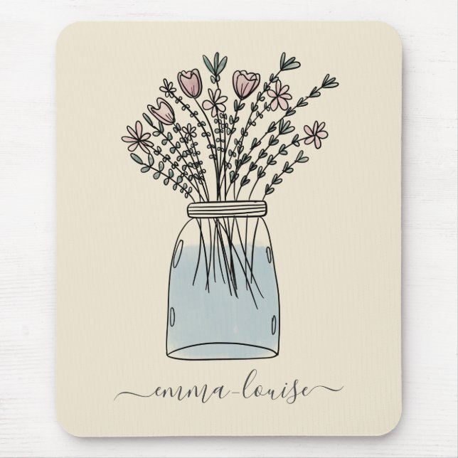 Mousepad Mason Jar Hand, Flores bonito, Monograma (Frente)