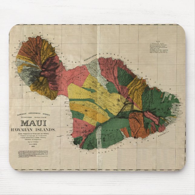Mousepad Maui - Vintage Antiquarian Hawaii Survey Map, 1885 (Frente)