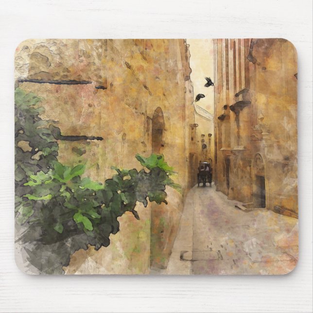Mousepad Medieval Narrow Street Old Building Watercolor (Frente)