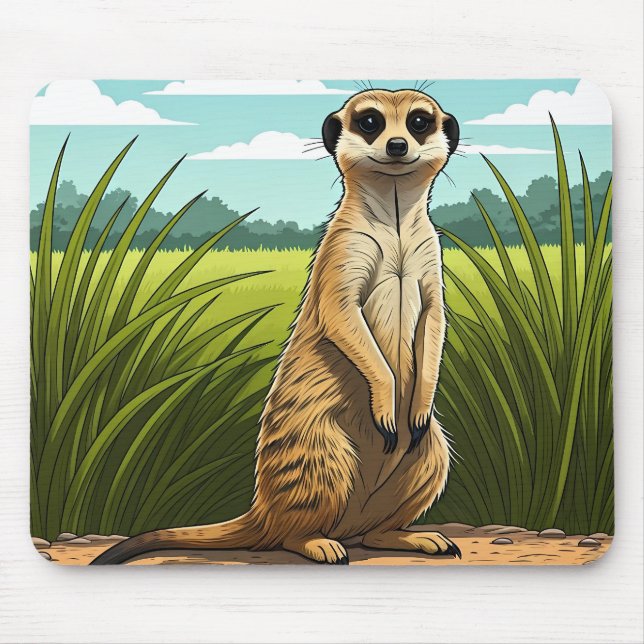 Mousepad Meerkat standing alert in a field of grass (Frente)