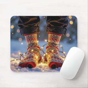 Mousepad Meias de Natal e Luzes de Feriado na Neve