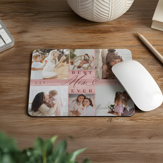 Mousepad Melhor Mãe Alguma Vez Da Família Fotográfica Colla (Best Mom Ever Family Photo Collage Pink Woodgrain Mouse Pad)
