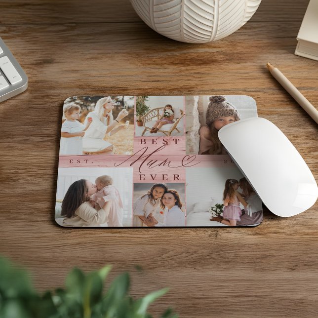 Mousepad Melhor Mãe da família de fotos Collage Pink Woodgr (Best Mum Ever Family Photo Collage Pink Woodgrain Mouse Pad)