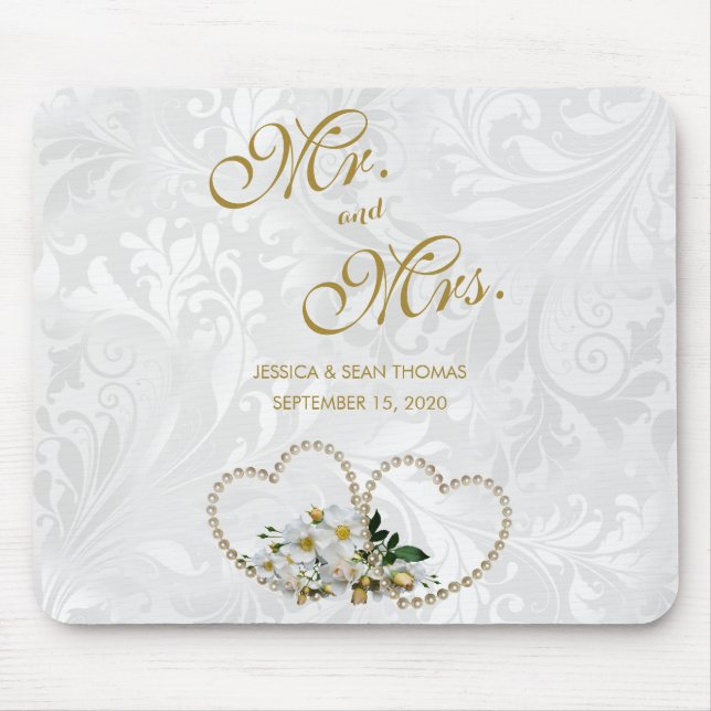 Mousepad Memória do Dia de Casamento Pérolas Corações e Flo (Frente)