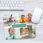Mousepad Memórias Criadas da Família Colagem de Fotos Teal<br><div class="desc">Suporte moderno para mouse,  com 4 fotos em uma grade,  com "memórias criadas" no fundo do chão sobreposto central.</div>