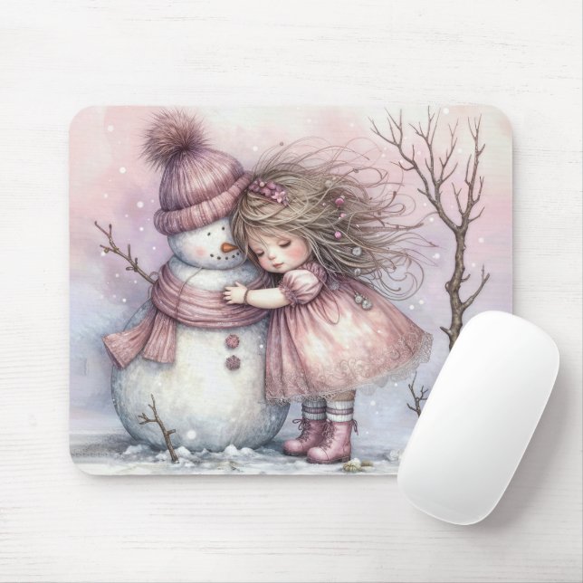 Mousepad Menina Abraçando um Boneco de Neve (Com mouse)