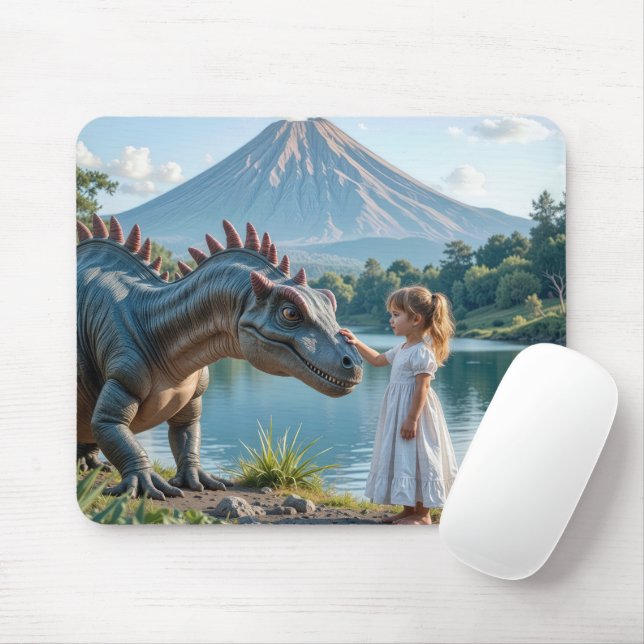 Mousepad Menina Acariciando um Dinossauro (Com mouse)