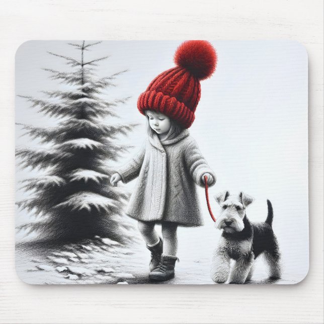 Mousepad Menina andando um galês Terrier (Frente)