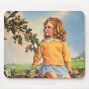 Mousepad Menina Antiga Observando Pássaros em uma Árvore, P