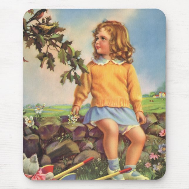 Mousepad Menina Antiga Observando Pássaros em uma Árvore, P (Frente)