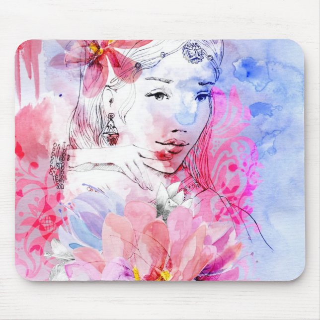 Mousepad Menina bonita com um buquê das flores (Frente)