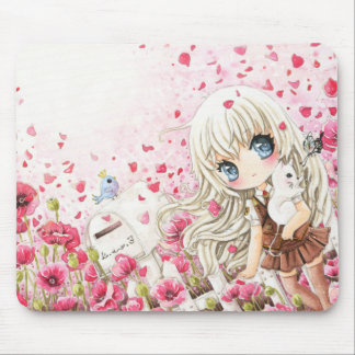 Mousepad Menina bonito com o gato branco no campo de flores