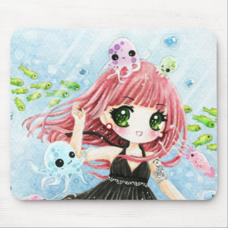 Mousepad Menina bonito com polvo e peixes do kawaii
