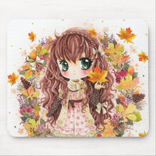 Mousepad Menina bonito do anime com folhas de outono