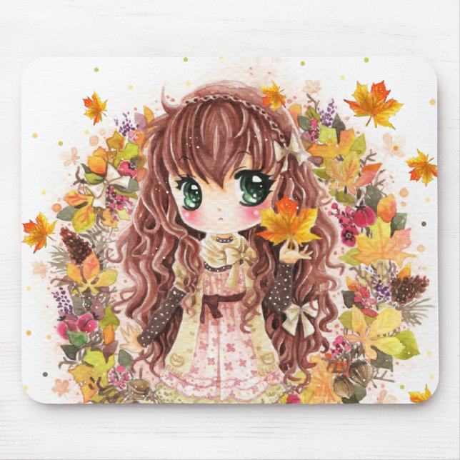 Mousepad Menina bonito do anime com folhas de outono (Frente)