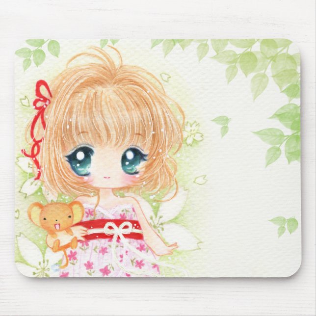 Mousepad Menina bonito do chibi com plushie do kawaii (Frente)
