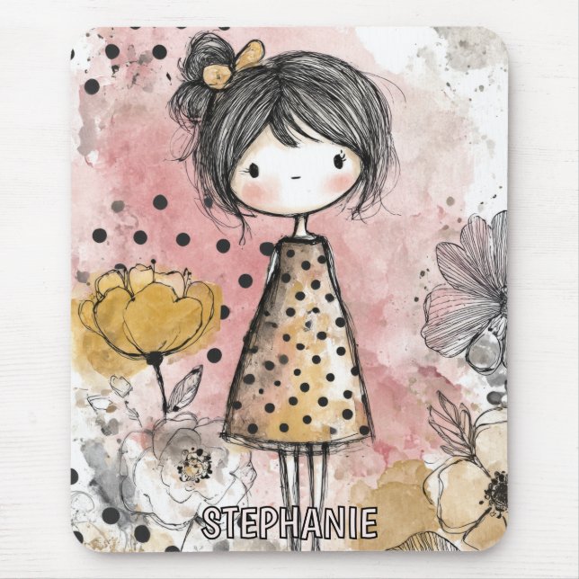 Mousepad Menina Caprichosa Aquarela com Acentos Florais (10 (Frente)