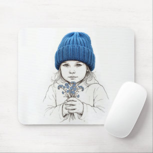 Mousepad Menina com Chapéu Azul e Flores de Não-me-esqueças