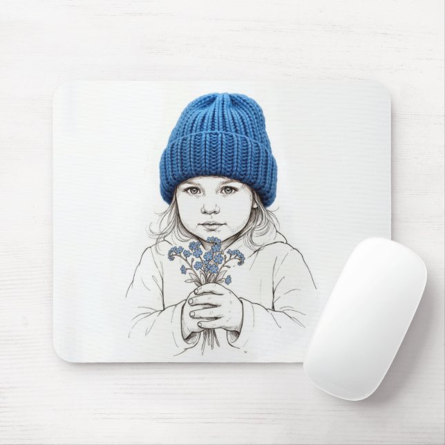 Mousepad Menina com Chapéu Azul e Flores de Não-me-esqueças (Com mouse)
