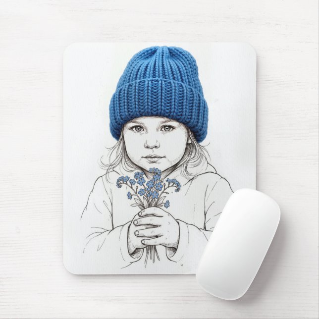 Mousepad Menina com Chapéu Azul e Flores de Não-me-esqueças (Com mouse)