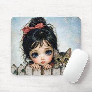 Mousepad Menina com Olhos Grandes e Gato de Estimação