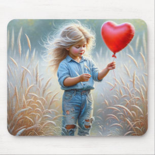 Mousepad Menina com um balão de coração vermelho